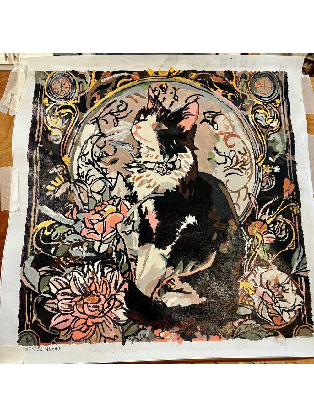Art Nouveau Feline Goddess completed paint by numbers colorful wall decor